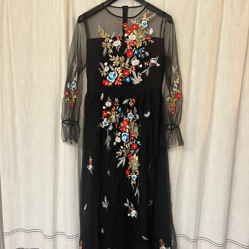 Black Mesh Floral Embroidered Dress